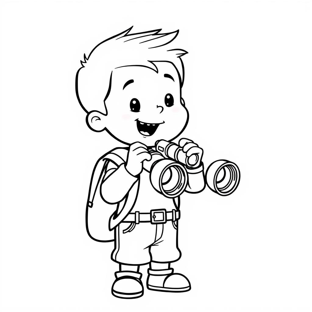 10/5000 The little boy is holding binoculars coloring page