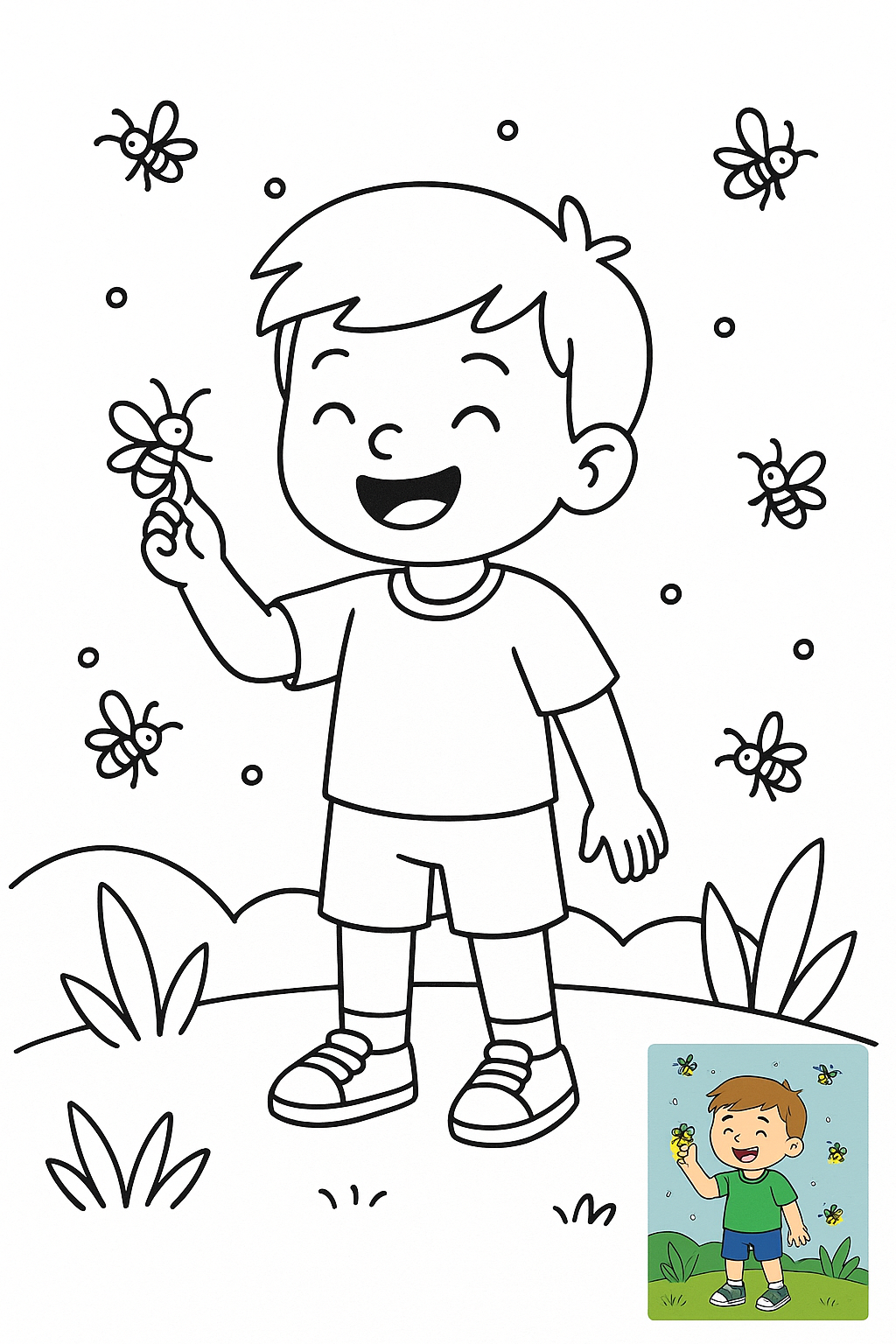 小朋友手里拿着萤火虫，开心的笑了 coloring page