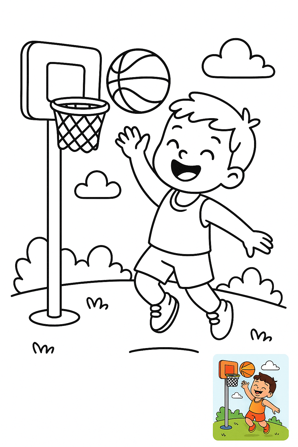 小朋友打篮球，开心的笑了 coloring page