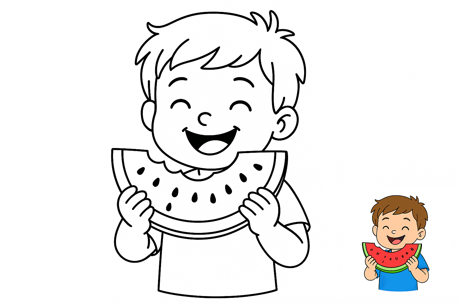 小男孩吃西瓜，开心的笑了 coloring page