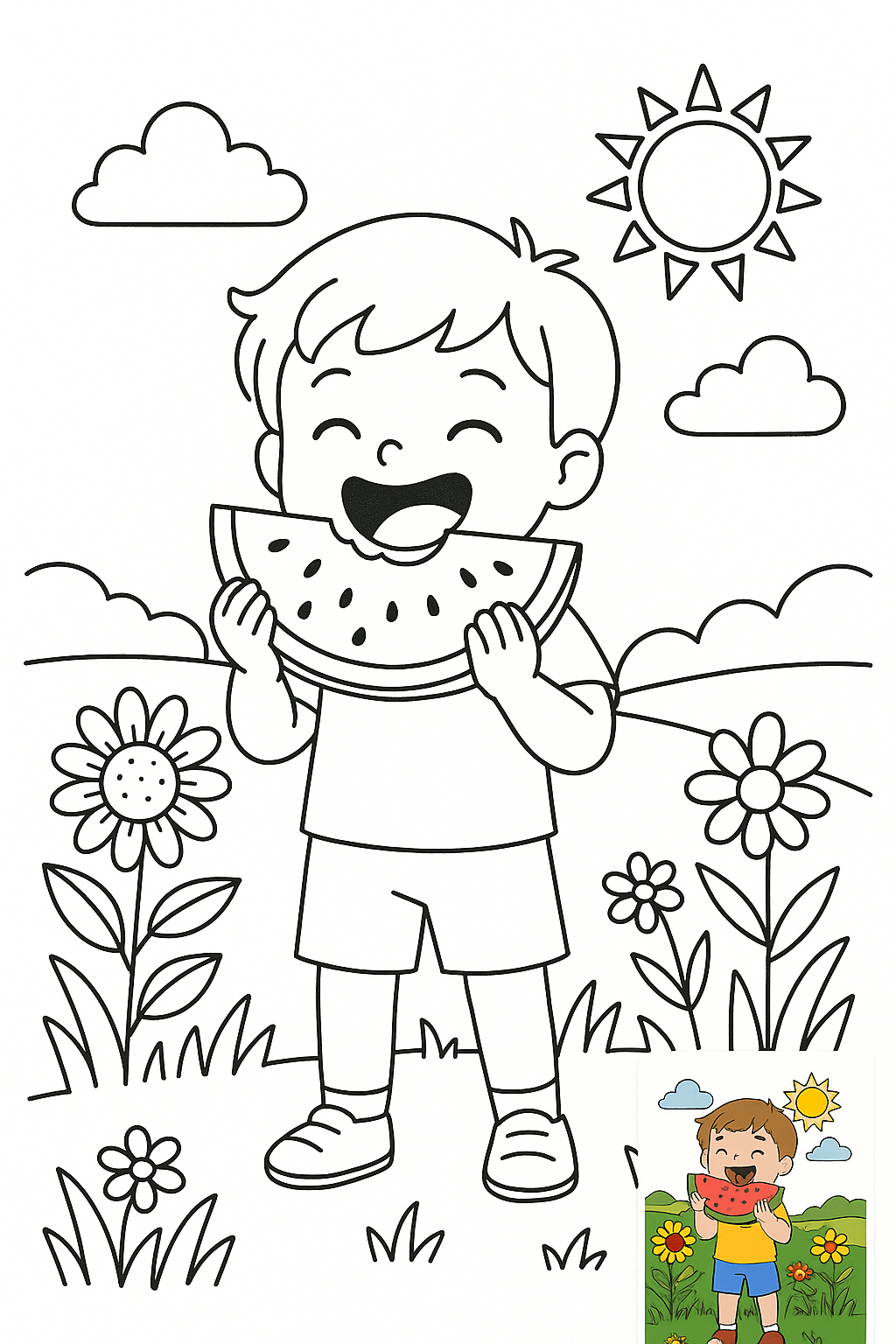小男孩夏天在田野里吃西瓜，开心的笑了 coloring page