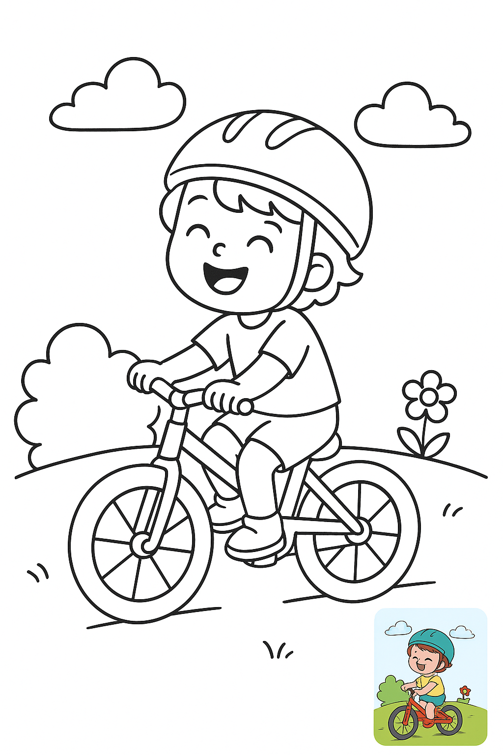 小朋友户外骑自行车，开心的笑了 coloring page