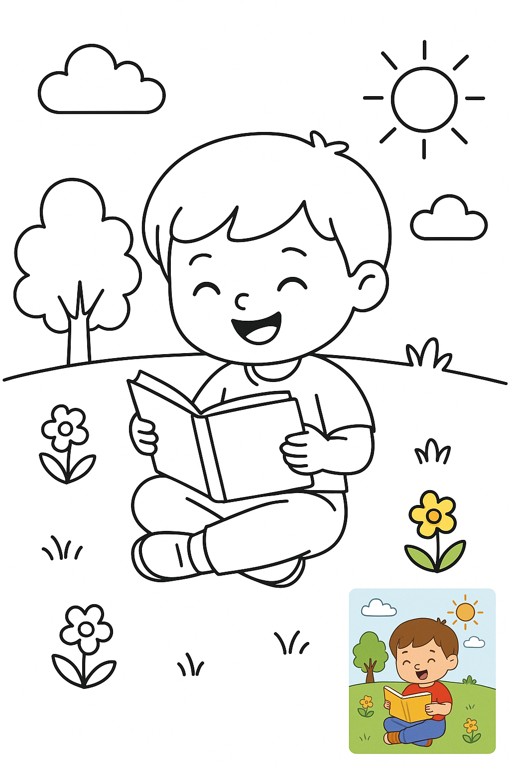 小朋友在户外读书，开心的笑了 coloring page