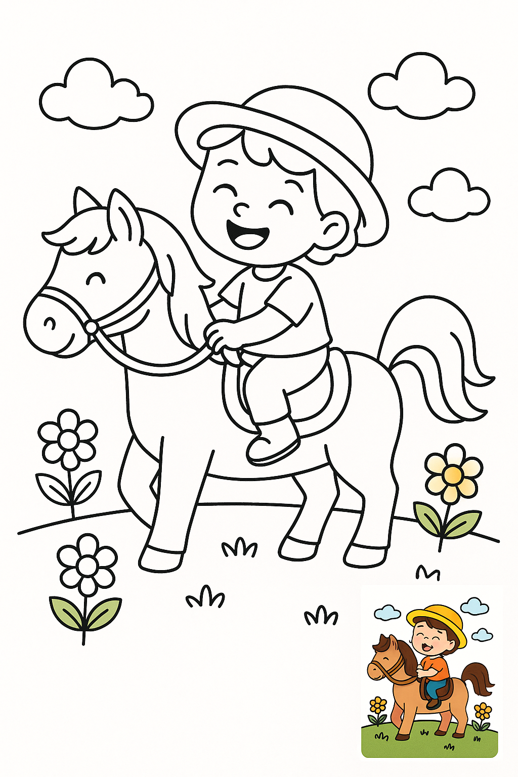 小朋友骑着马，开心的笑了 coloring page