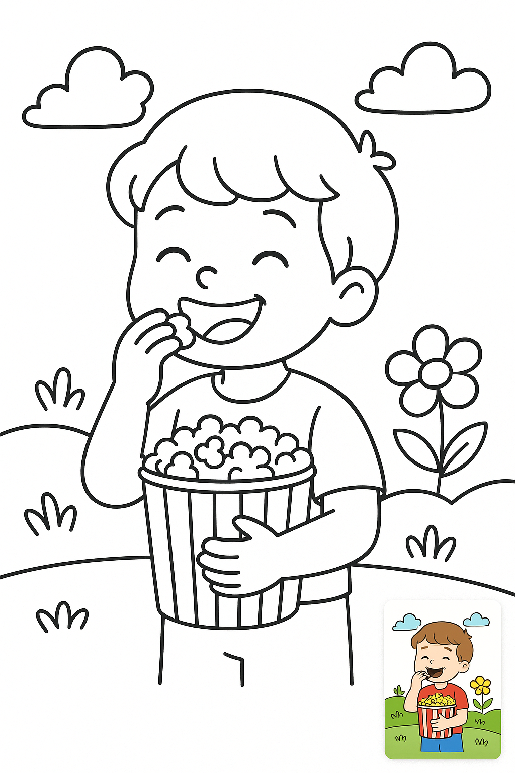 小朋友吃爆米花，开心的笑了 coloring page