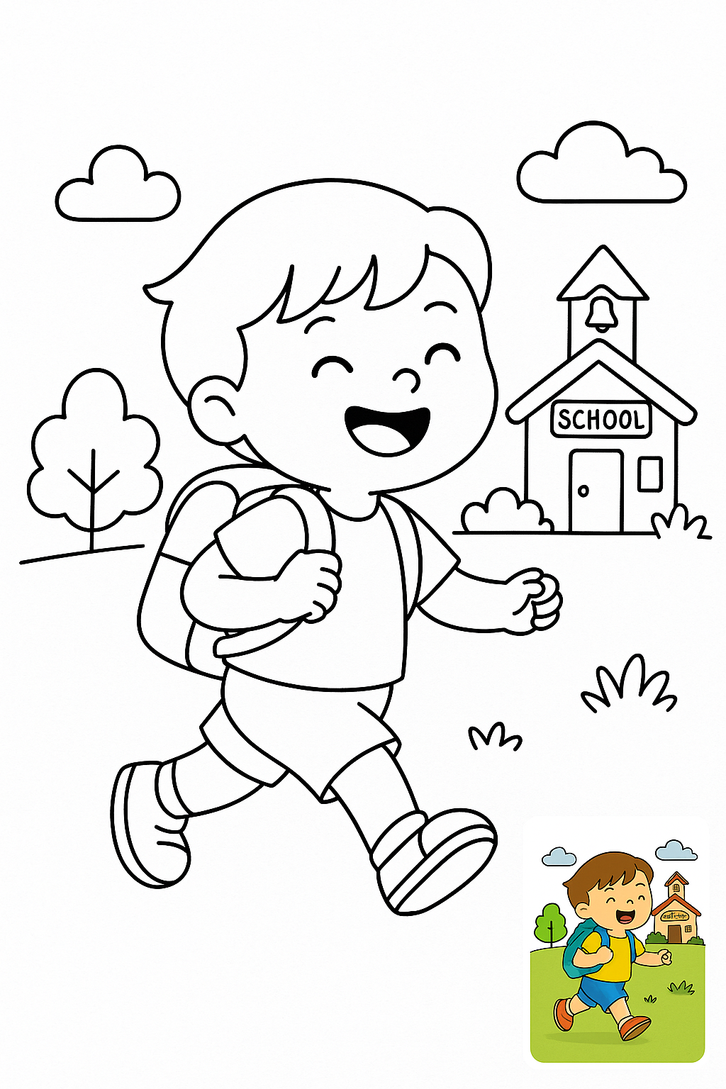 小朋友背着书包去上学，开心的笑了 coloring page