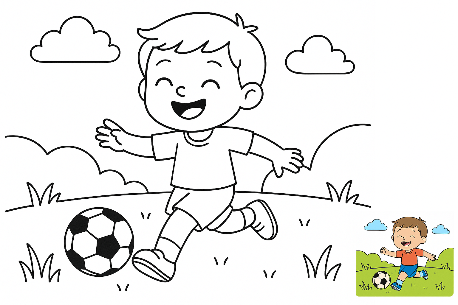 小朋友踢足球，开心的笑了 coloring page