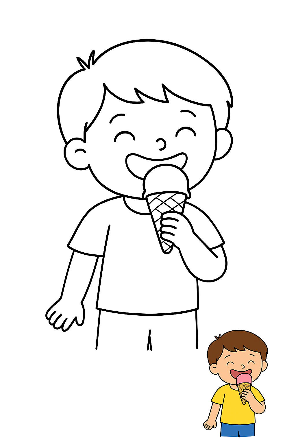 四岁小男孩夏天吃冰淇淋，开心的笑了 coloring page