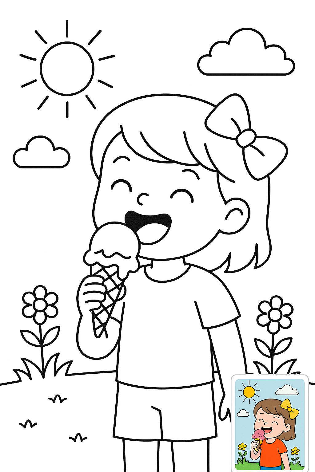 小朋友夏天吃冰淇淋，开心的笑了 coloring page