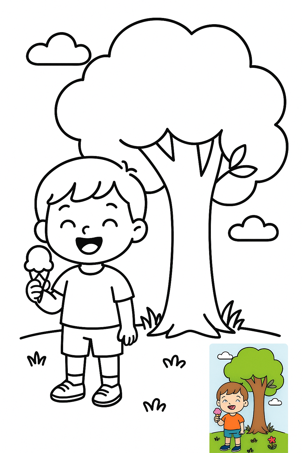 四岁小朋友手里拿着冰淇淋，在大树下站着乘凉，开心的笑了 coloring page