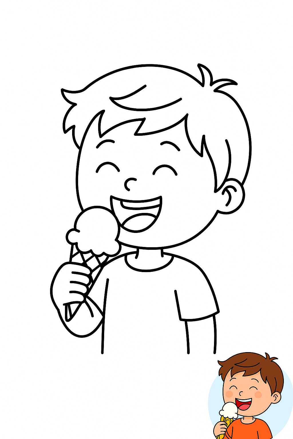 小男孩夏天吃冰淇淋，开心的笑了 coloring page
