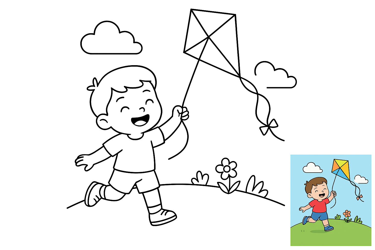小朋友在户外放风筝，蓝天白云，开心的笑了 coloring page