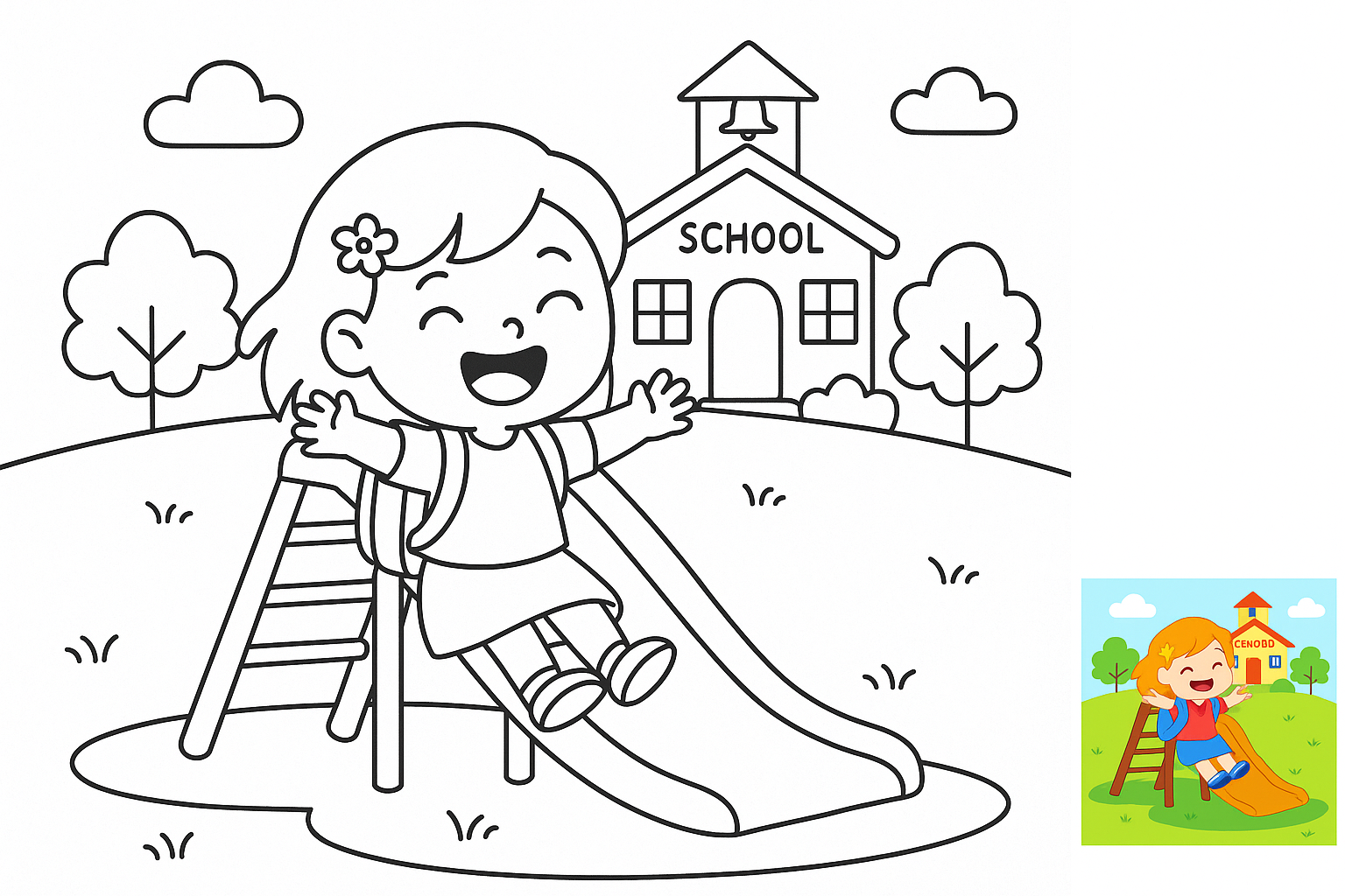 小朋友在学校玩滑滑梯，开心的笑了 coloring page