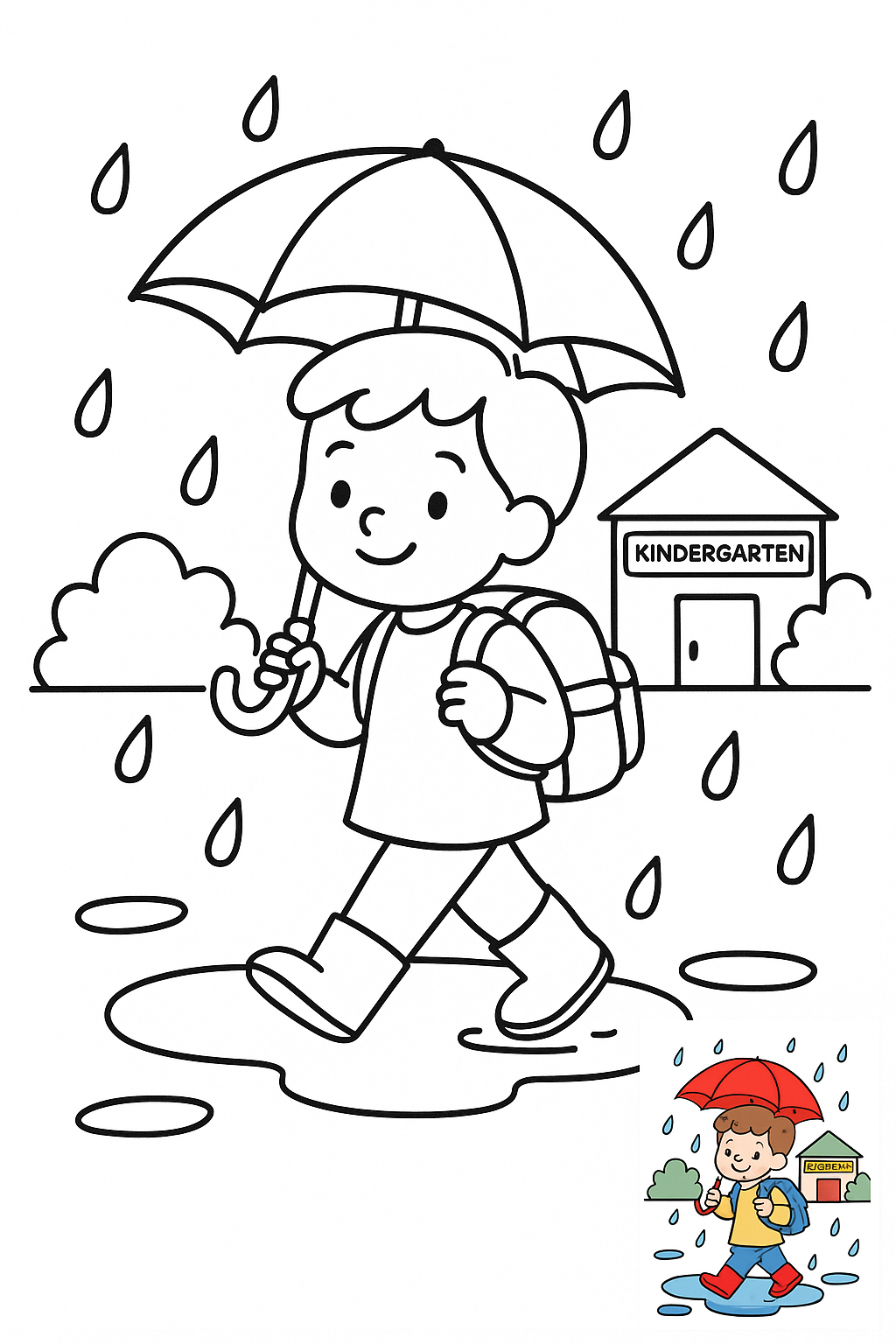 小朋友从幼儿园放学了，背着书包，打着雨伞 coloring page