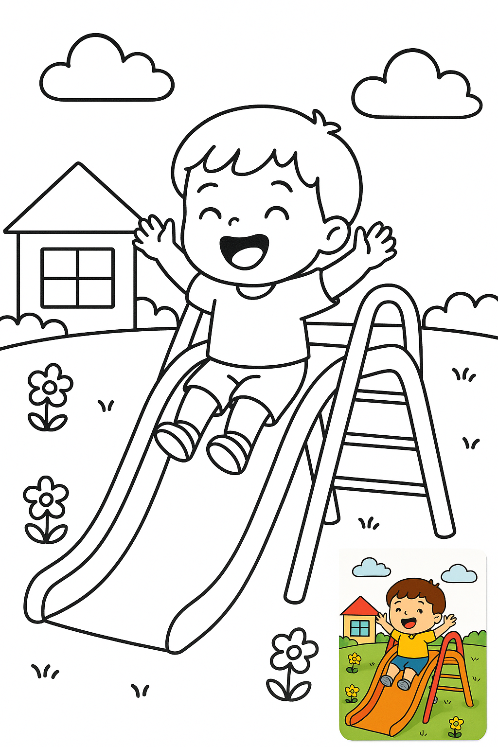 小朋友在幼儿园玩滑滑梯，开心的笑了 coloring page