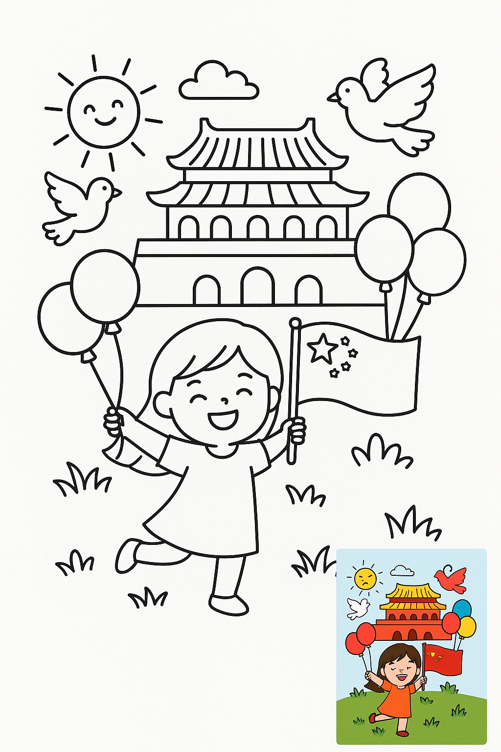 国庆节主题手抄报，阳光明媚，天安门城楼，和平鸽，气球，小朋友拿着五星红旗，开心的笑了。注意图片上不要有文字。  coloring page