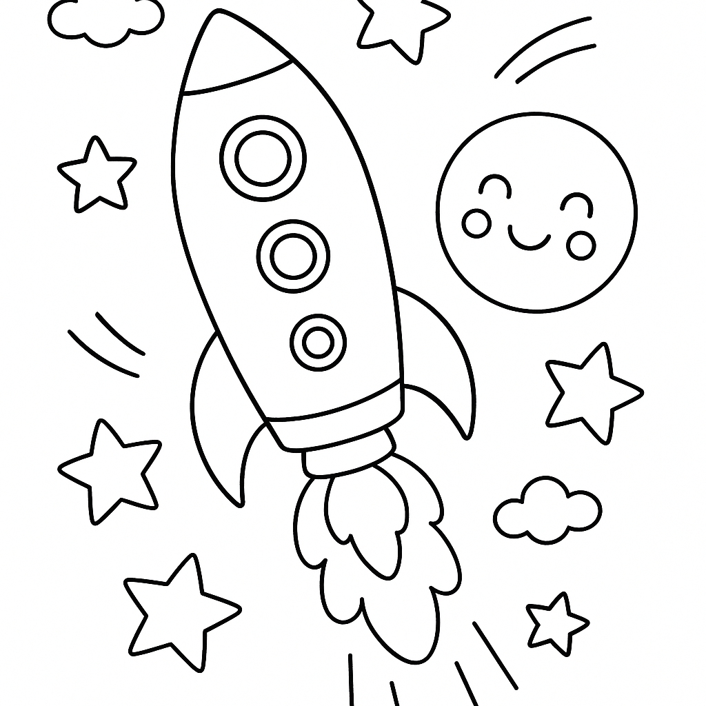 航天火箭腾空而起，星星，笑脸。 coloring page