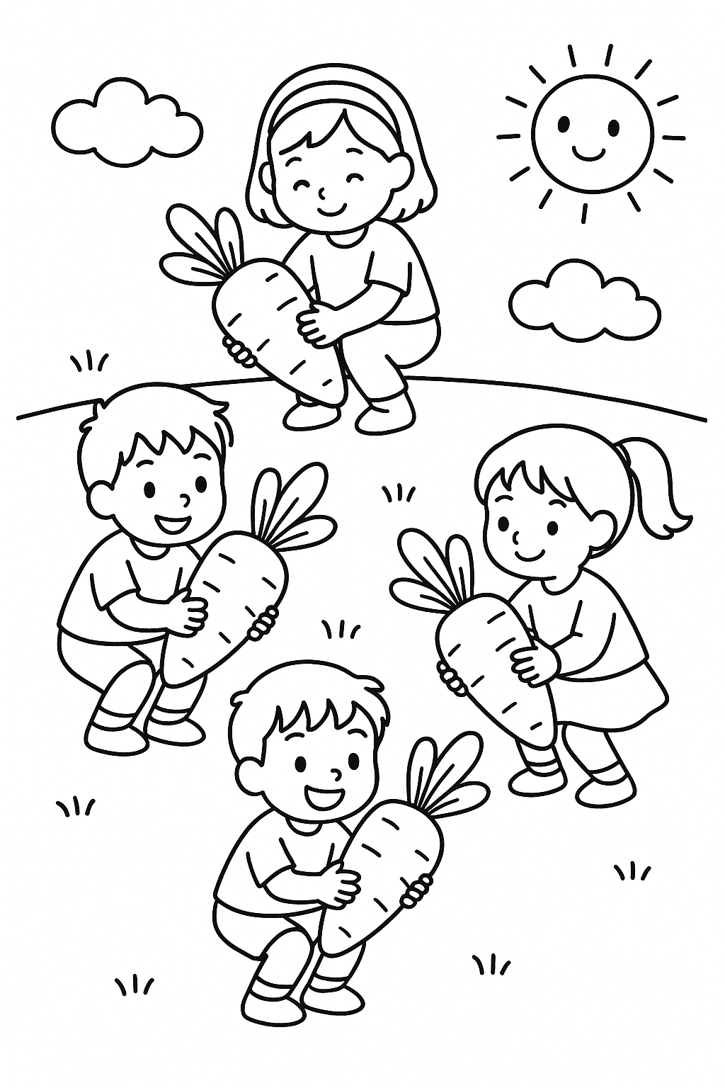 简笔画人物，小朋友在玩萝卜蹲的游戏。 coloring page