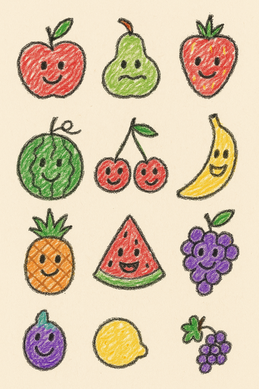 Create 9 fruits, with 3 in each row coloring page