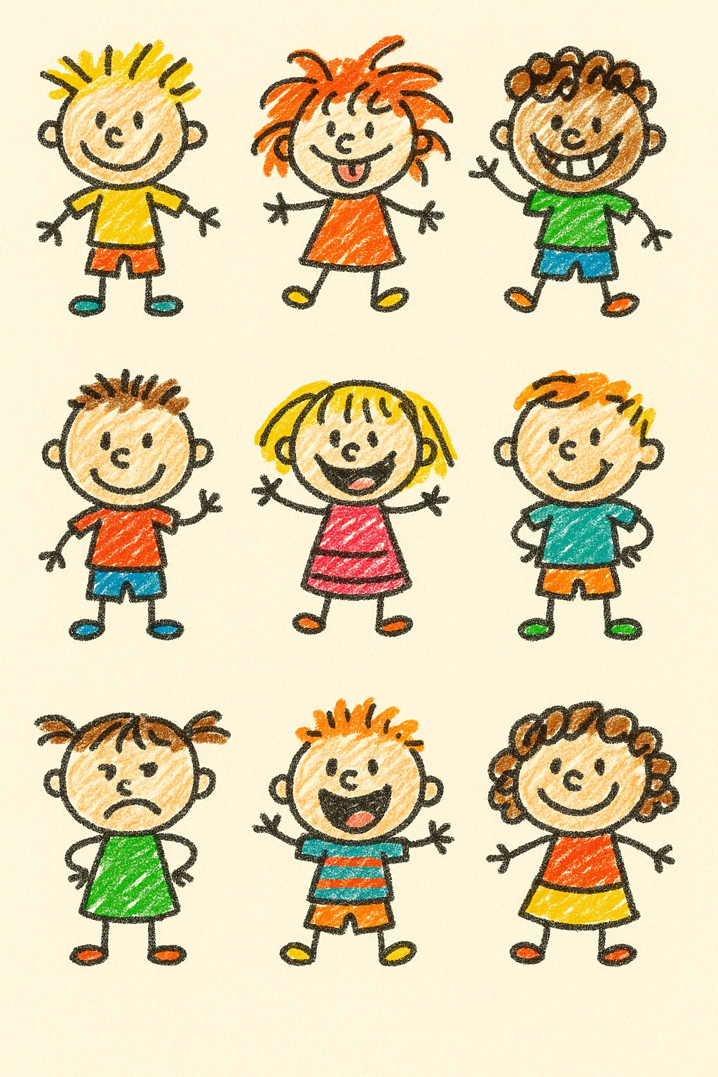 Create 9 simple children, with 3 in each row.  coloring page