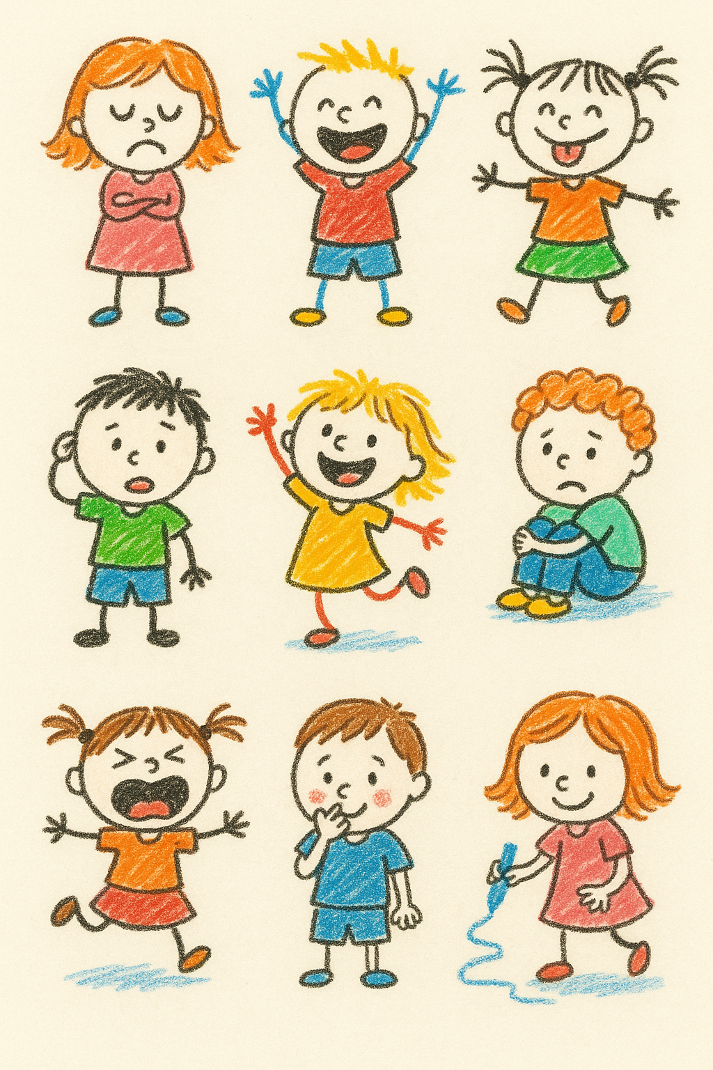Create 9 simple sketches of children, with 3 in each row. Their Expressions and actions can be different . coloring page