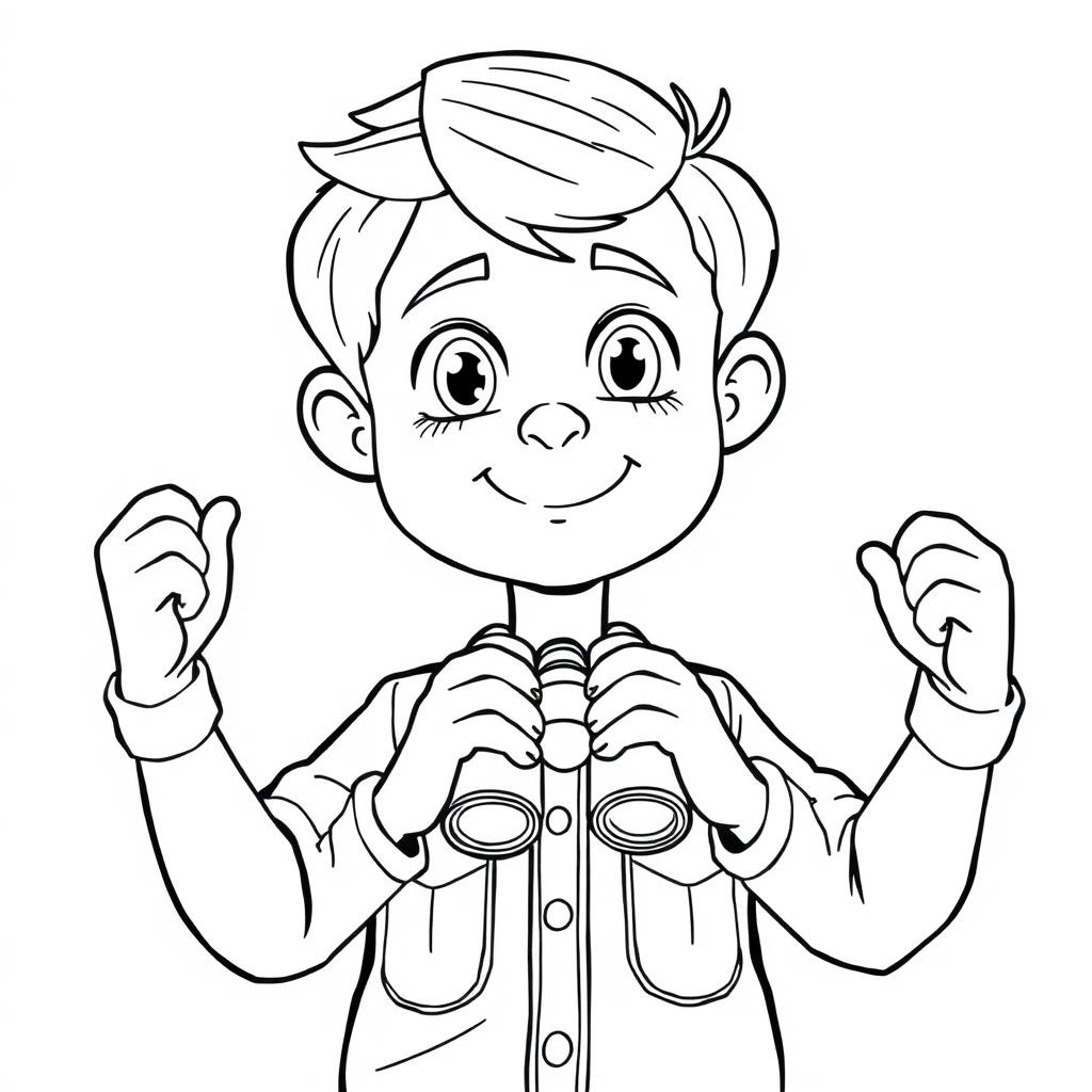 The handsome little boy was holding small binoculars with strings coloring page