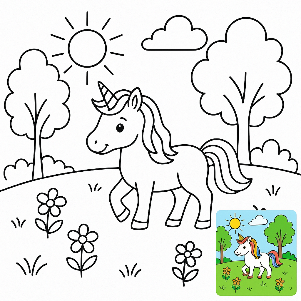 一只独角兽在森林的草地上漫步，阳光明媚，蓝天白云 coloring page printable for kids and adults